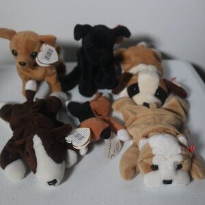 Lot of 6 Ty Beanie Baby Dogs Cat Tiny Bruno Bernie Wrinkles Luke Chip